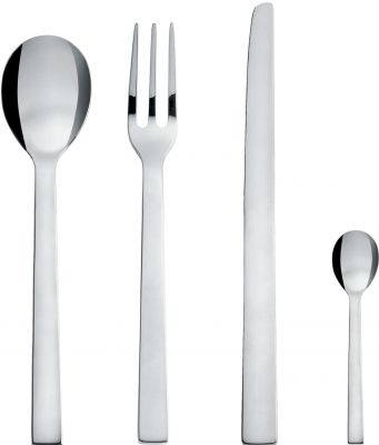 Nahaufnahme von Alessi Santiago Besteck: Messer, Gabel, Suppenlöffel und Teelöffel aus Edelstahl.